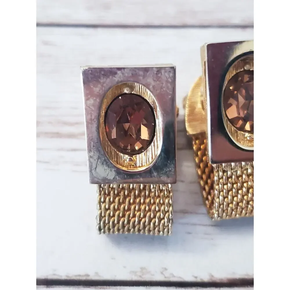 Vintage Cufflinks - Gold Tone & Amber Tone Gem